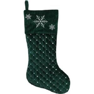 Christmas Stocking Green 17" Quilted Velvet Silver Sequins Embroide Holiday Time
